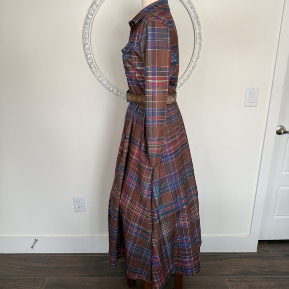 Tartan Plaid Long Sleeve Button Front maxi Dress Belt Womens S-M preppy - Picture 6 of 15
